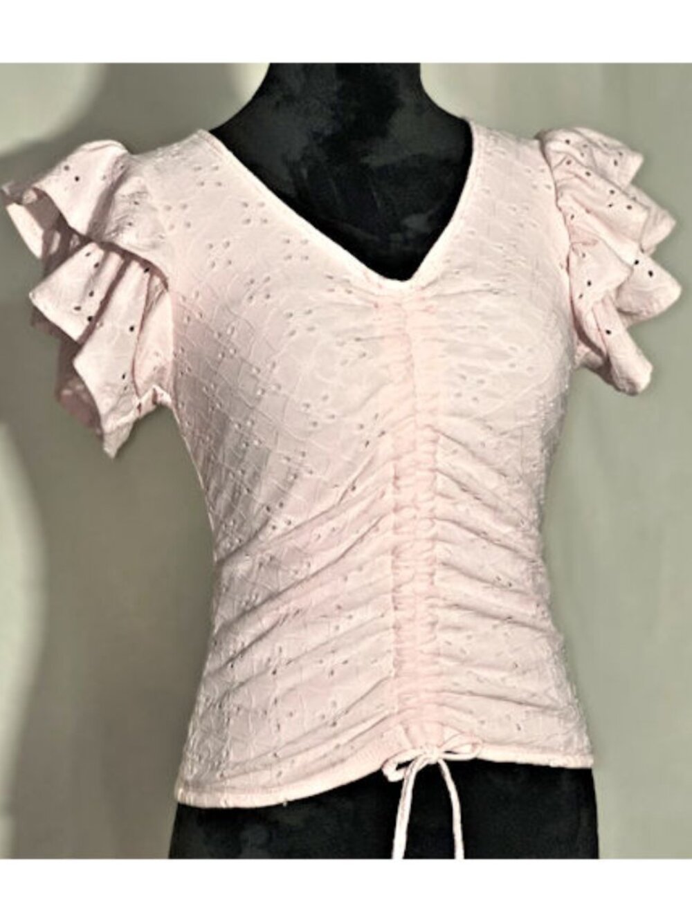 Jolie & Joy Pink Eyelet Top, Ruffled Sleeves, Small
